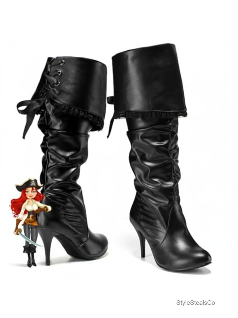 Knee High Pirate Boots Faux Leather Lace Up Halloween Costume